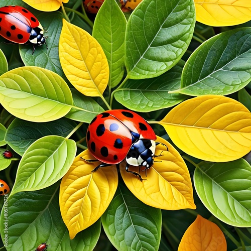 A vibrant lady bug stationed in colorful leaves © Julio