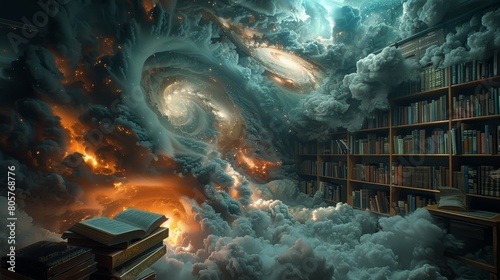 A surreal library with books that open portals to imaginative worlds, impressionistic