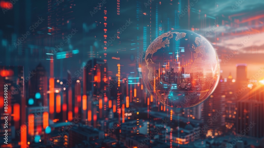 Fototapeta premium Digital earth hovering over futuristic city with neon lights with economic graphs plummeting