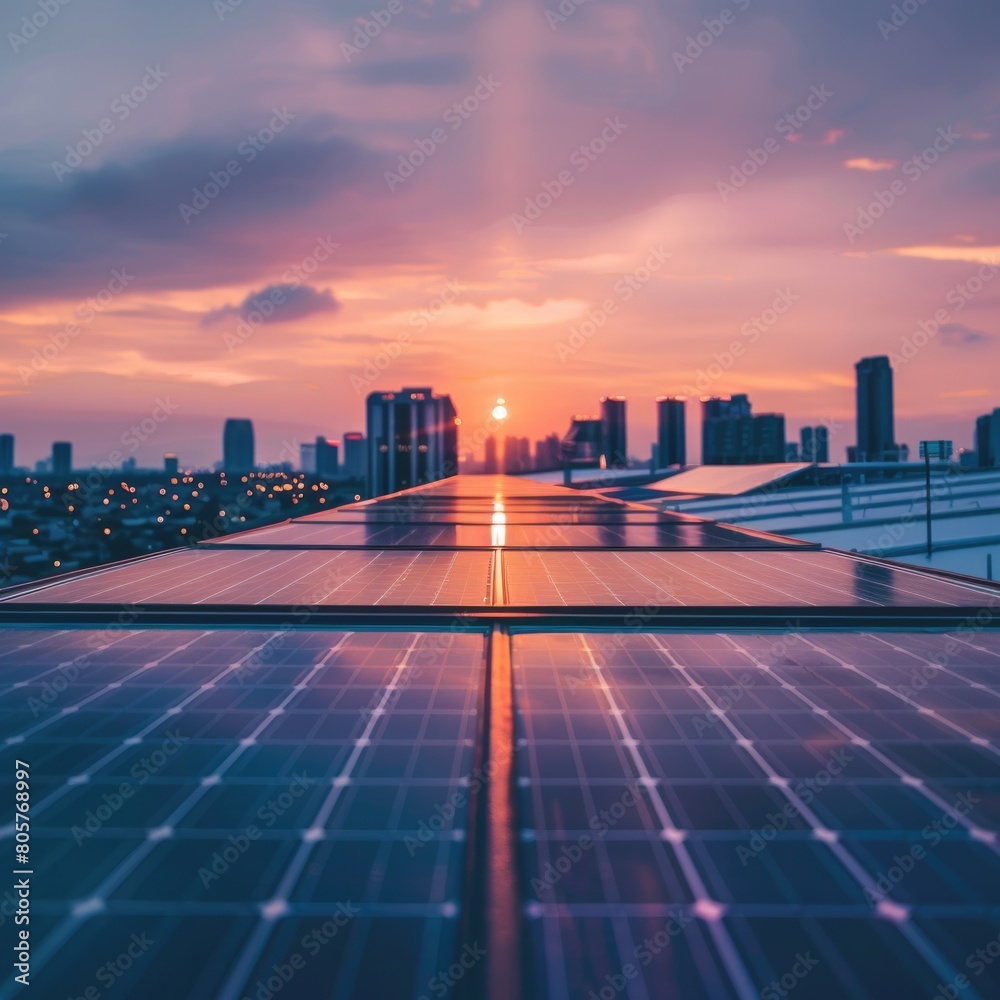 Mesmerizing stock photo of solar cell system installation on a building roof, with stunning morning light and bokeh,