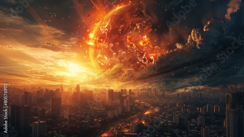 A giant fireball falling from the sky and destroying a city.