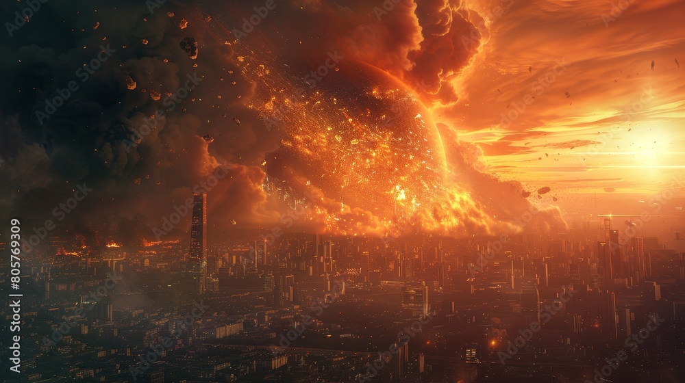The world is ending in a fiery apocalypse with the orange sky and the city is in ruins.