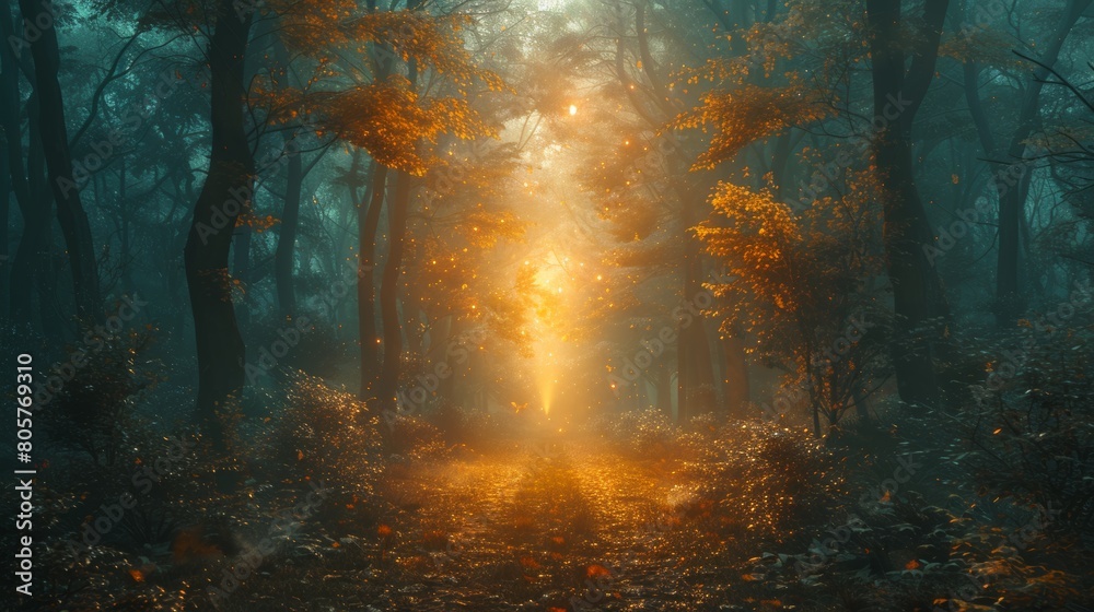 A leader shining a light on a path through a dark forest, guiding the team forward