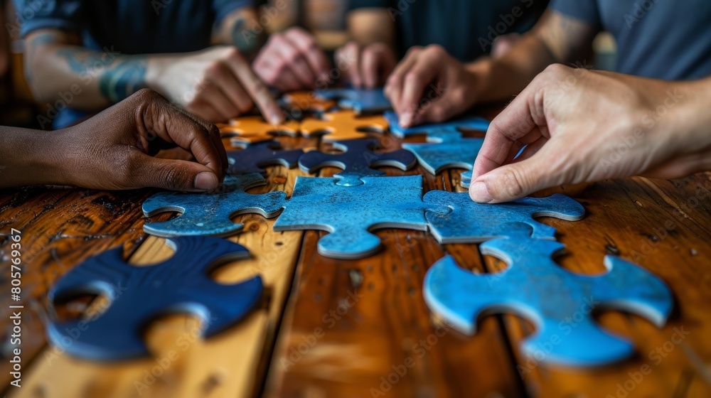 A leader and team constructing a puzzle together, emphasizing collaboration and problem-solving A leader and team constructing a puzzle together, emphasizing collaboration and problem-solving