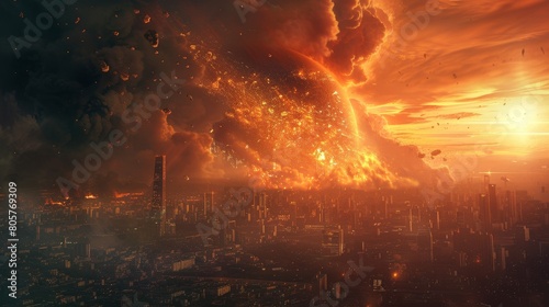 The world is ending in a fiery apocalypse with the orange sky and the city is in ruins. photo