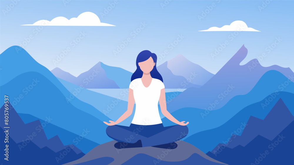 A woman sits crosslegged atop a mountain peak her virtual environment providing a serene backdrop as she practices mindfulness meditation and. Vector illustration A woman sits crosslegged atop a mountain peak her virtual environment providing a serene backdrop as she practices mindfulness meditation and. Vector illustration