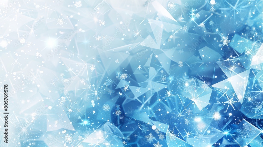 A background of blue geometric shapes with white snowflakes and sparkles, creating an enchanting winter atmosphere. The background is light and airy, perfect for adding text or images. A background of blue geometric shapes with white snowflakes and sparkles, creating an enchanting winter atmosphere. The background is light and airy, perfect for adding text or images.