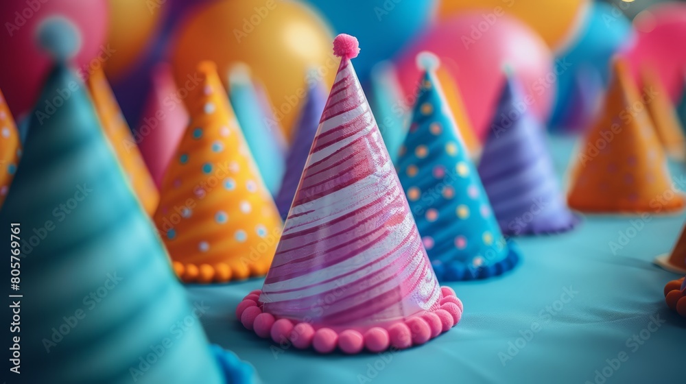 Colorful party hats arranged together, blurred balloons in the back