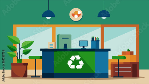 A modern reception area outfitted with a modular desk made from recycled plastic making a statement about innovative sustainable design.. Vector illustration