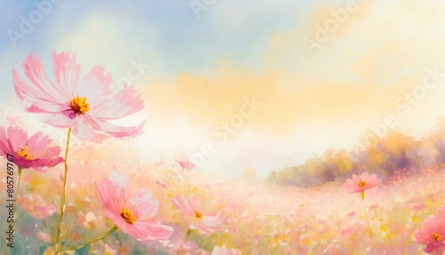 Landscape illustration of a cosmos field in light colors.