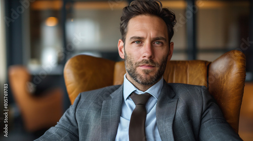 Portrait of handsome businessman sitting on armchair in office and looking at camera