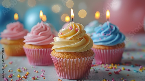 Colorful birthday cupcakes with sparkling candles  detailed icing with a party table blurred behind