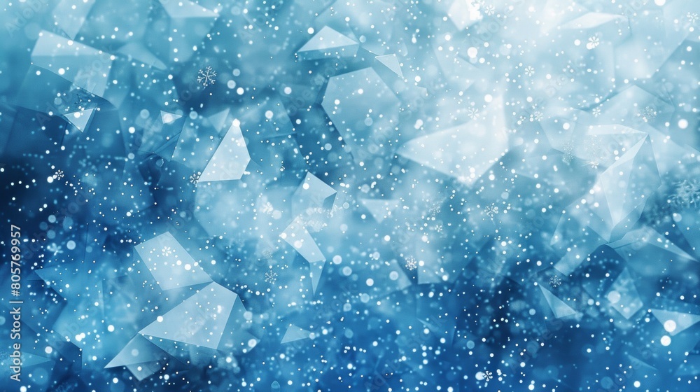 A background of blue geometric shapes with white snowflakes and sparkles, creating an enchanting winter atmosphere. The background is light and airy, perfect for adding text or images. A background of blue geometric shapes with white snowflakes and sparkles, creating an enchanting winter atmosphere. The background is light and airy, perfect for adding text or images.