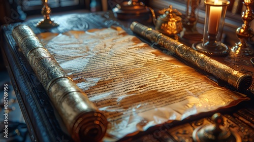 A scroll of paper with gold embossing sits on a table photo
