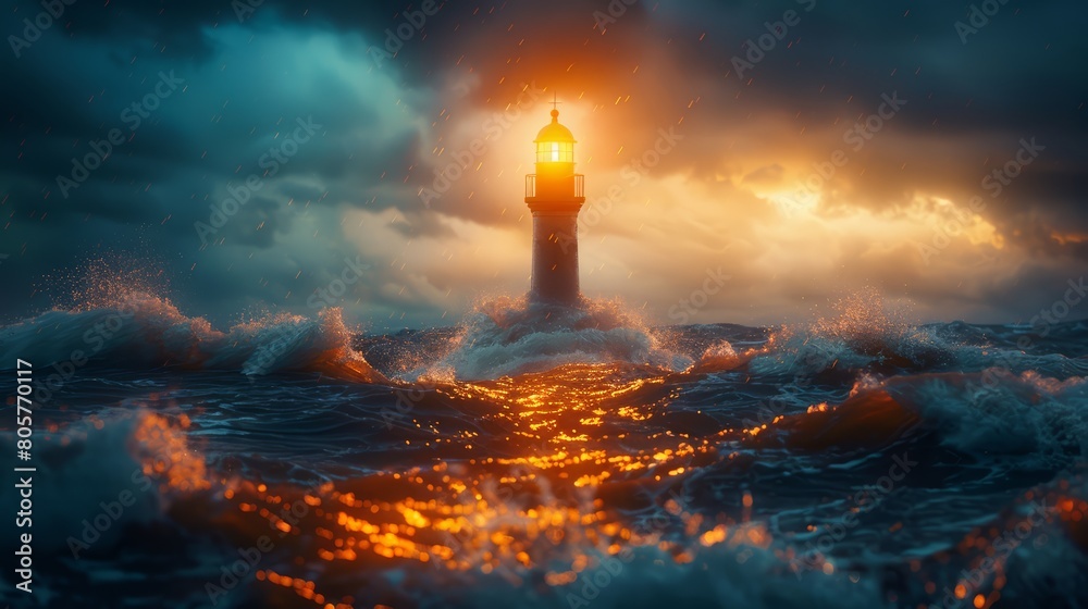 A detailed view of a lighthouse shining over a sea, guidance, blurred stormy waters