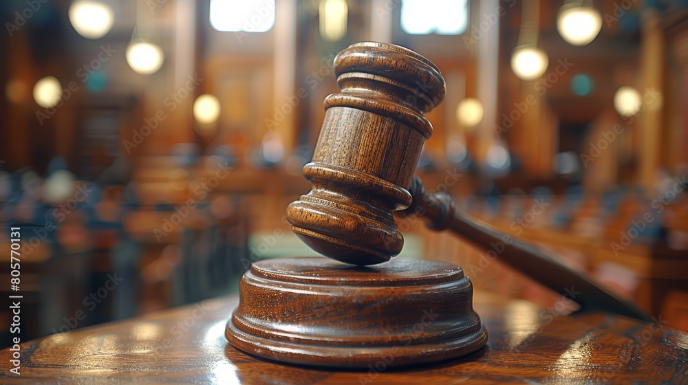 A detailed view of a judge's gavel in a corporate legal battle, symbolizing decision, with a blurred courtroom A detailed view of a judge's gavel in a corporate legal battle, symbolizing decision, with a blurred courtroom