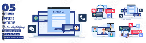 Set of flat illustrations of customer support, customer service, online support, help desk, Contact us form
