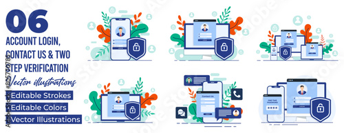 Set of flat illustrations of two-step verification, Contact us form, Customer support, sign up user interface, Secure login