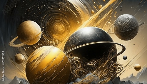 Planets collision Epic electronic powerfull black ehit and gold clours photo