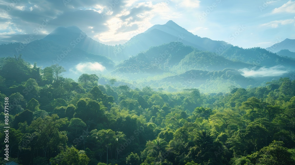 Clear sky by mountain and extensive tree forest Clear sky by mountain and extensive tree forest