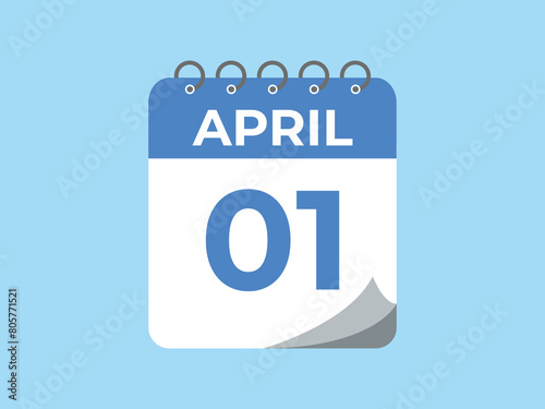 April 1 calendar reminder. 1 April  daily calendar icon template. Calendar 1 April  icon Design template. Vector illustration
