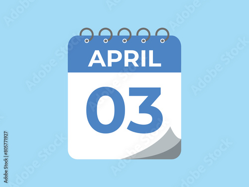April 3 calendar reminder. 3 April daily calendar icon template. Calendar 3 April icon Design template. Vector illustration
