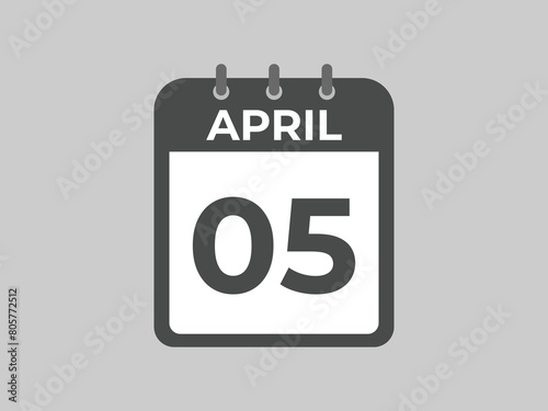 April 5 calendar reminder. 5 April daily calendar icon template. Calendar 5 April icon Design template. Vector illustration
