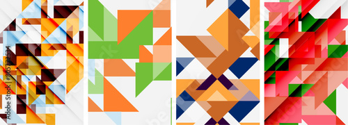 A creative art piece featuring a collage of four different colored triangles brown, orange, electric blue, and white on a white background, showcasing symmetry and pattern