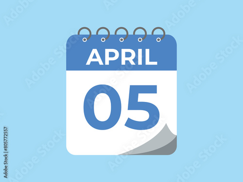 April 5 calendar reminder. 5 April daily calendar icon template. Calendar 5 April icon Design template. Vector illustration
