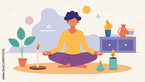 A person sitting on a plush rug surrounded by scented candles and incense slowly moving through a series of meditative stretches in front of the. Vector illustration