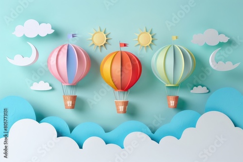 Creative paper art of sun, clouds and rainbow colored hot air balloons. Spring scenery, summer nature poster. © Aqsa