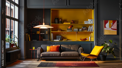 Vibrant chic living room with bold decor and vibrant contrast. Minimalistic interior design luxury composition.