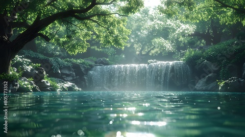 Serene Waterfall in Enchanting Forest with Lush Moss  Generative AI