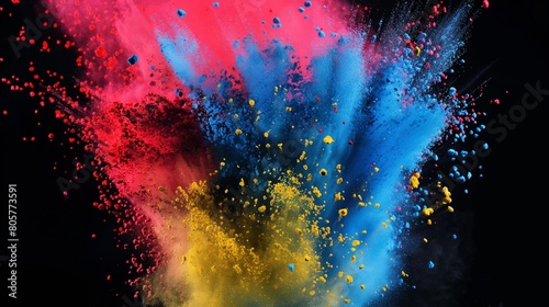 An explosion of colored powder, with vivid pigments of red, blue, yellow, and green suspended in mid-air against a stark, black background, capturing the chaotic beauty of color in motion.  photo