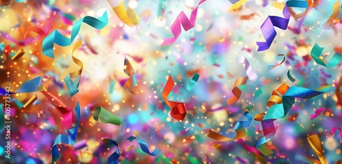 An explosion of colorful paper streamers and confetti against a background of soft, glowing lights, creating a lively and joyful scene of celebration and fun. 32k, full ultra hd, high resolution