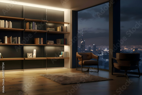 A book shelf in modern room  with buetifull view of city in night , 8k highly details image  photo