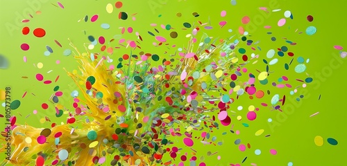 An explosion of glossy, multicolored confetti, frozen in mid-air against a bright, lime green background, capturing the essence of celebration in a pop art world. 32k, full ultra hd, high resolution