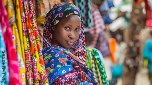 A vibrant scene at a local market where a Fulani girl, draped in colorful fabrics, skillfully bargains over goods