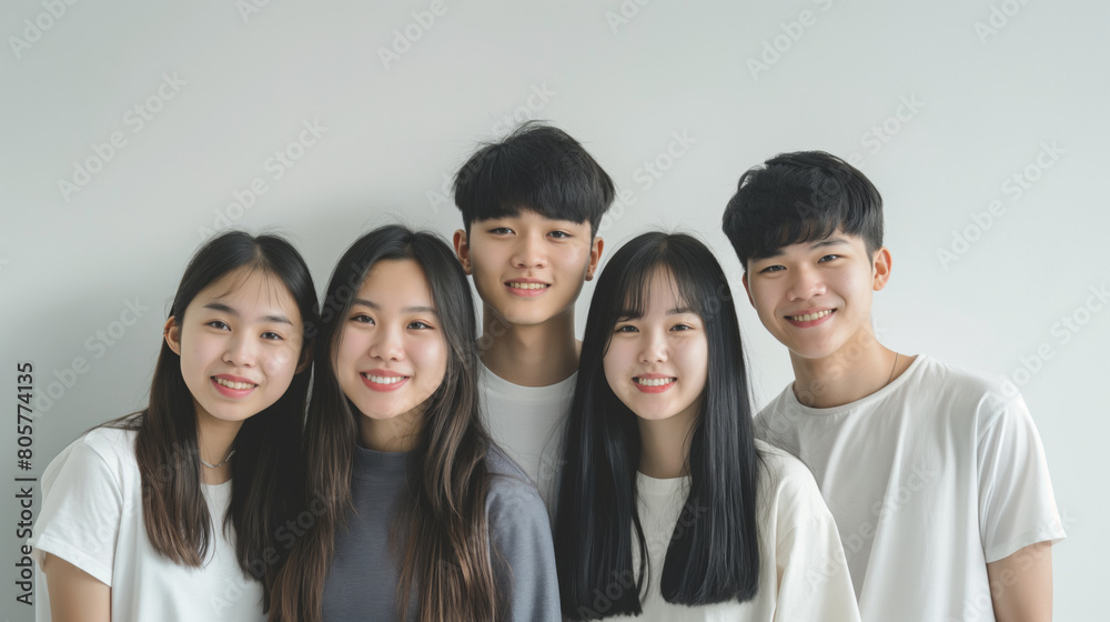 A group of Asian teenage friends against a white background.