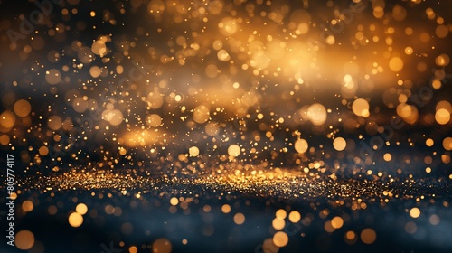 An explosion of golden glitter against a dark, mysterious backdrop, the sparkles caught in mid-air, creating a luxurious and festive abstract background that exudes celebration. photo