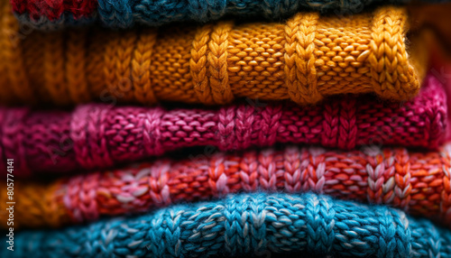 Colorful knitted sweaters stacked on top of each other