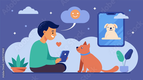 A pet owner away on a long trip able to say goodnight to their pet through a cloudbased video calling feature before they go to bed.. Vector illustration