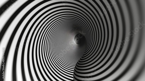 An optical illusion created by a series of concentric circles in black and white  their lines creating a dizzying effect that captivates and mesmerizes the viewer.