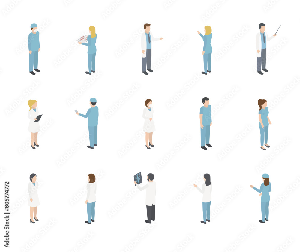 Medical characters isometric set. Doctor, nurse. Man and female clinic charecters, medical staff.  