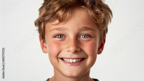 A close-up portrait photo of a charming young boy smiling, showcasing his clean teeth, designed for a dental advertisement. The boy features modern, stylish hair. Isolated on a white background.GenAI 