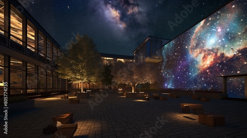 An outdoor courtyard at night, bathed in a celestial light projection of stars and galaxies, transforming the space into an immersive, open-air observatory. 32k, full ultra hd, high resolution