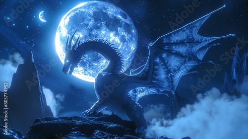 3D render of a majestic dragon soaring under a full moon  with its scales reflecting the moonlight  set against a starry night sky