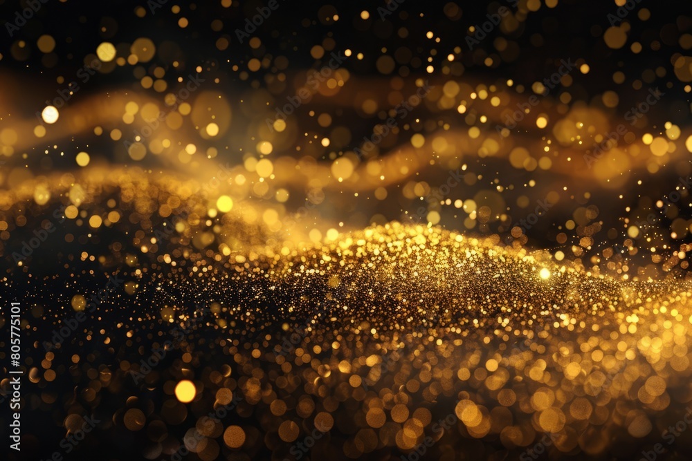 Gold dust swirls on black background, luxury abstract glitter background with bokeh effect. Golden particles in the air