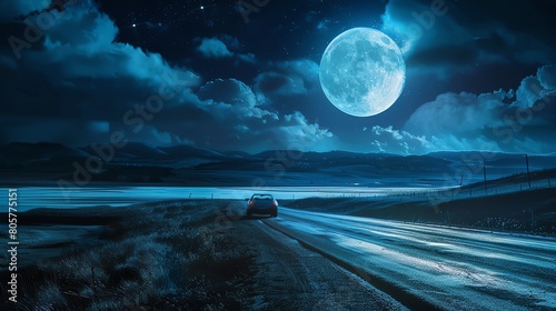 Highresolution digital illustration showing a car driving along a deserted road illuminated by the full moon  creating a mysterious and adventurous scene