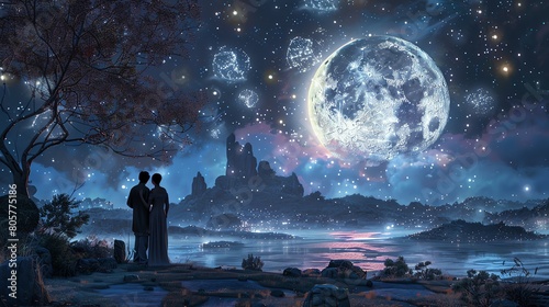 Panoramic 3D scene of a couple gazing at a full moon, standing together in a dreamlike, moonlit landscape